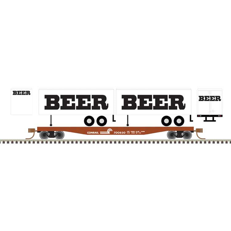 Atlas N 50' Piggyback Flatcar w/Two 24' Trailers - Ready to Run -- Conrail #700830 (BEER Trailers, white, black)