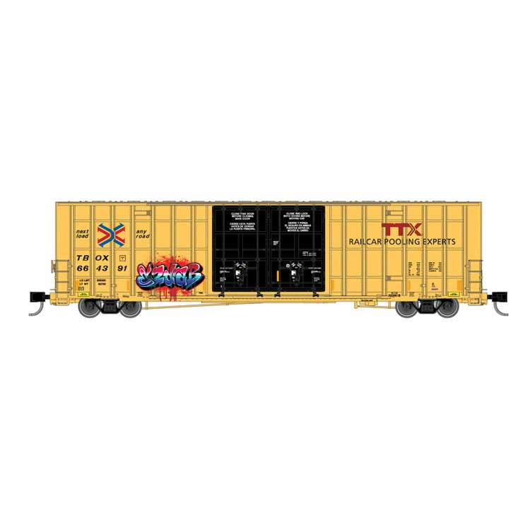 Atlas N Gunderson 7550 Double-Door Boxcar - Ready to Run -- TTX TBOX #664391 (yellow, black, red logo, Graffiti)