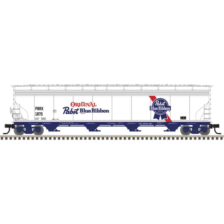 Atlas N ACF 5748 4-Bay Covered Hopper - Ready to Run - Master(R) -- Pabst Blue Ribbon #1875 (silver, blue, red, white)