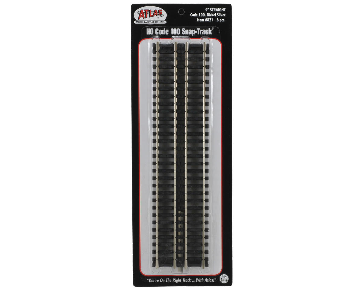 Atlas Straight Snap-Track(R) Nickel-Silver Rail -- 9" 22.9cm (Black Ties) pkg(6) - ATL821