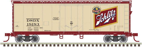 Atlas O O 40' Plug-Door Boxcar - 3-Rail - Ready to Run -- Schlitz (tan, maroon, gold, white) #18156 - ATO20023121