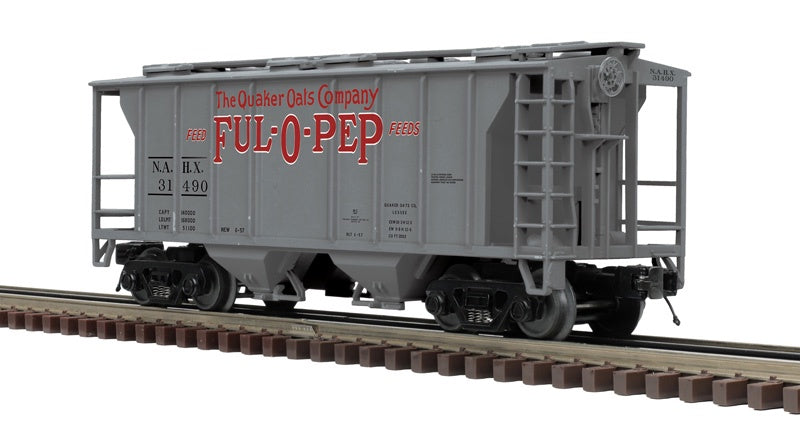Atlas O PS-2 3-Bay Covered Hopper - 3-Rail - Ready to Run - Premier -- Full-O-Pep Feeds (gray, red)  #31493