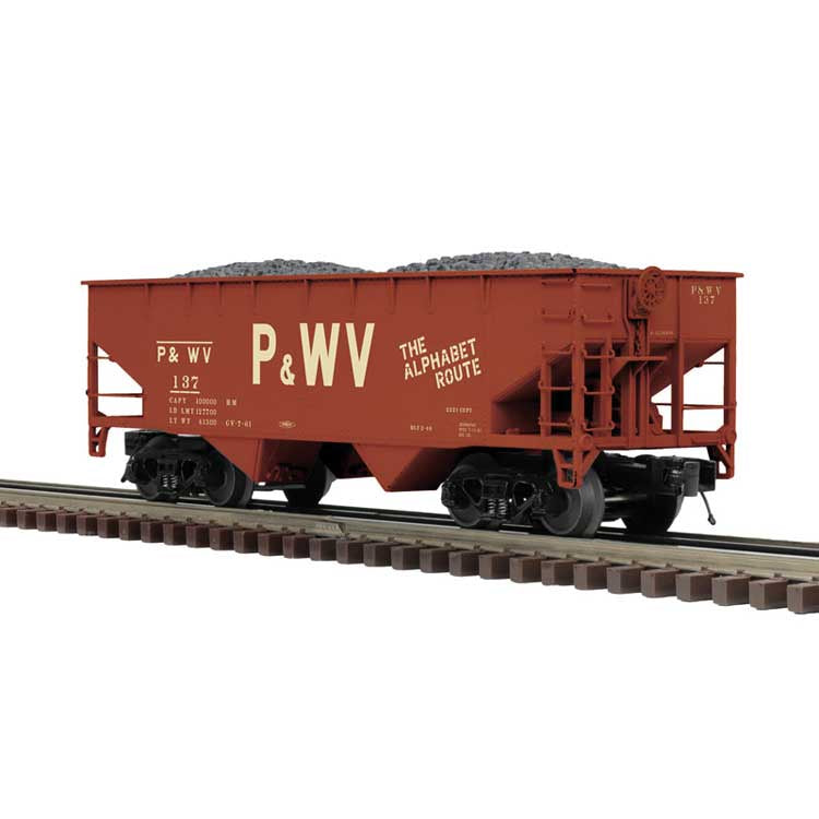 Offset-Side 2-Bay Hopper - 3-Rail - Ready to Run - Premier -- Pittsburgh & West Virgina (Boxcar Red, Large P&WV, Alphabet Route Slogan) #142