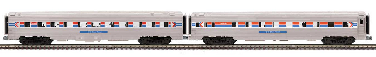 Atlas O 70' Sleeper, Diner Set - 3-Rail - Premier -- Amtrak #2150, 8055 (Phase I, silver, red, blue)