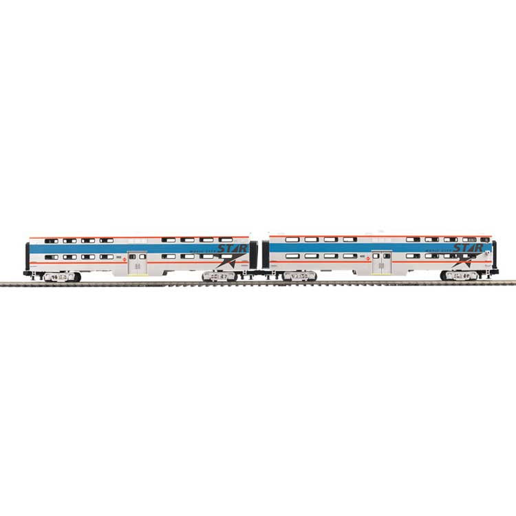 Atlas O 70' Smooth-Side Bi-Level Gallery Cab Car/Coach Set 3-Rail -  Ready to Run -- Nashville Music City Star #502, 400 (silver, blue, red)