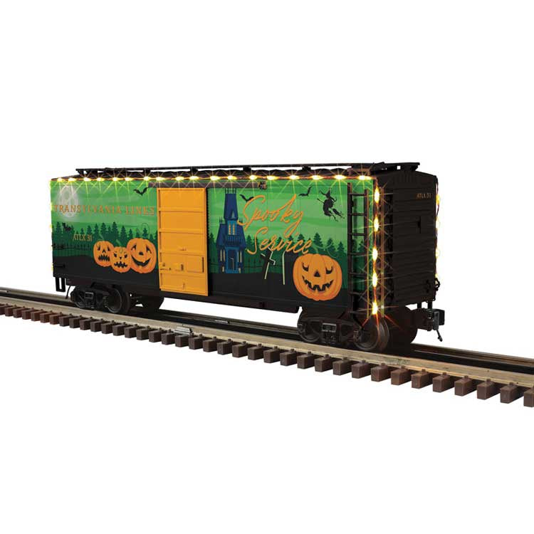 Atlas O Pullman Standard PS-1 40' Boxcar w/Lights - 3-Rail - Ready to Run - Premier -- Halloween (green, black, orange)