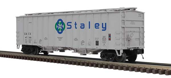 Atlas O 50' Airslide Covered Hopper - 3-Rail - Ready to Run - Premier -- Staley GACX (gray, blue, green) #47316