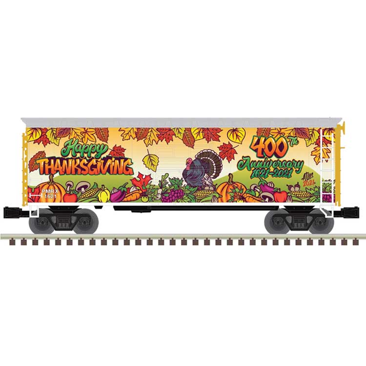 Atlas O 40' Plug-Door Boxcar with Light - 3-Rail - Ready to Run - Trainman(R) -- Happy Thanksgiving PRLX 1621 (400th Anniversary, leaf and turkey graphics) - ATO3001849