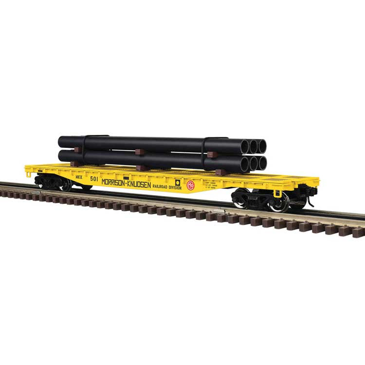 Atlas O 52'6" Flatcar w/Pipe Load - 3-Rail - Ready to Run - Trainman(R) -- Morrison Knudsen (yellow, black, red) #501