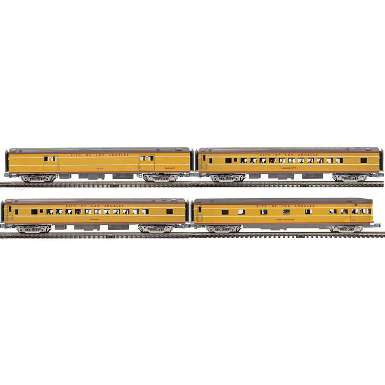 Atlas O 	70' Streamlined Baggage, 2 Coaches, Observation - 3-Rail - Ready to Run -- Union Pacific LA-103, Pasadena, Boulder City, Baldy Mtn (City of LA)