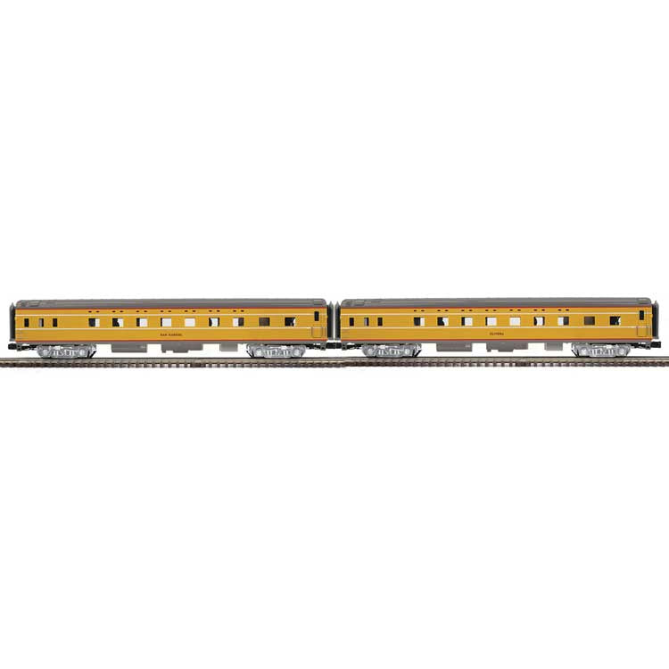 Atlas O 70' Streamlined Sleeper 2-Pack - 3-Rail - Ready to Run -- Union Pacific San Gabriel, Olivera (Armour Yellow, gray, red, City of LA)