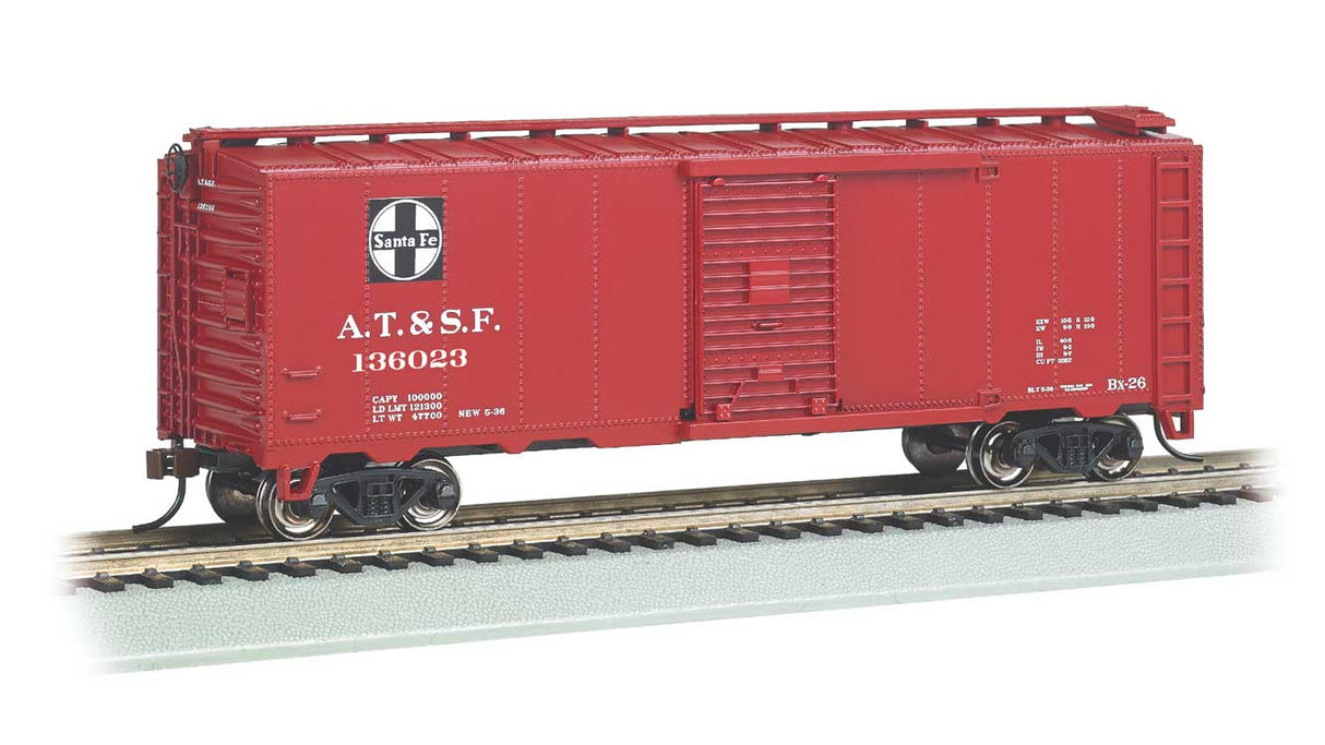 Bachmann HO Steam-Era 40' Steel Boxcar - Ready to Run - Silver Series(R) -- Santa Fe #136023 (Boxcar Red, black, white, Square Logo)