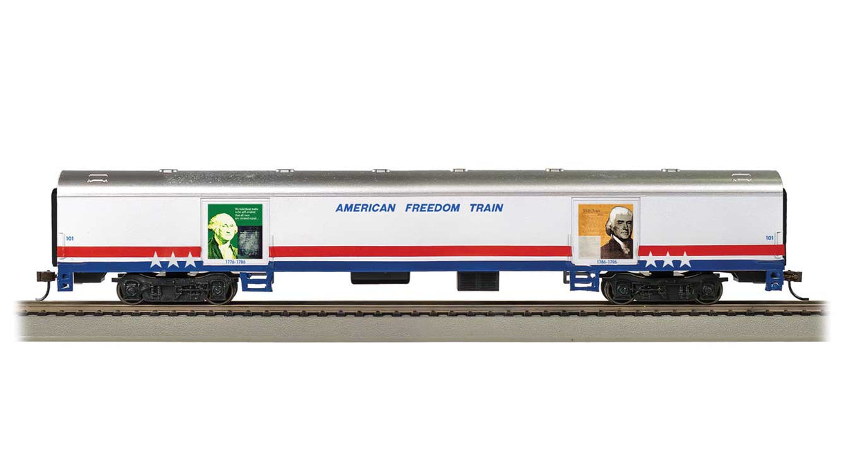 Bachmann HO 72' Exhibit (Converted Baggage) Car - Ready to Run -- American Freedom Train #101 (white, silver, red, blue)