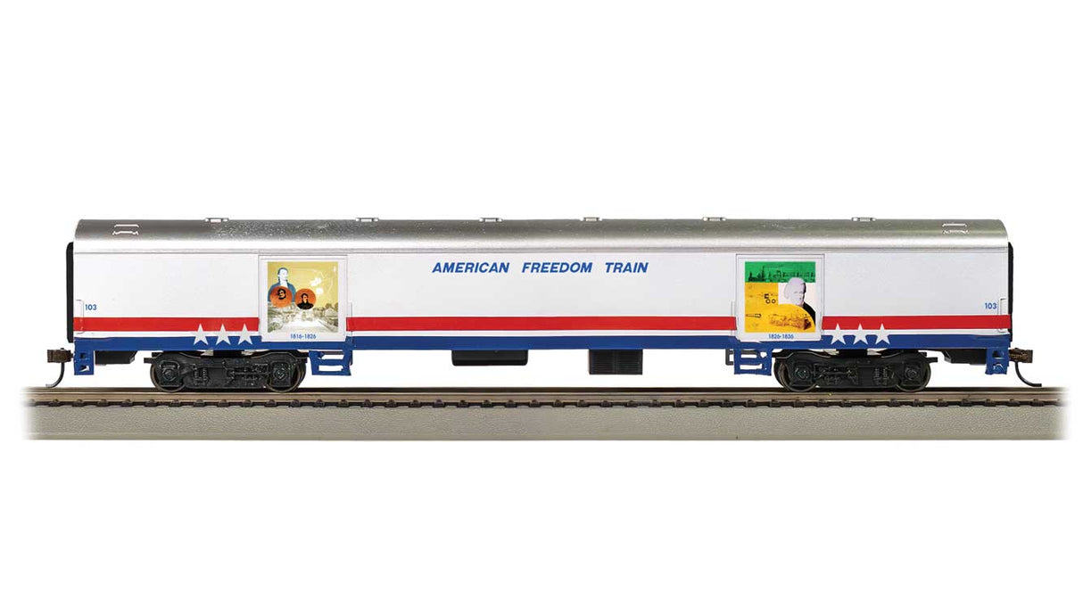 Bachmann HO 72' Exhibit (Converted Baggage) Car - Ready to Run -- American Freedom Train #103 (white, silver, red, blue)