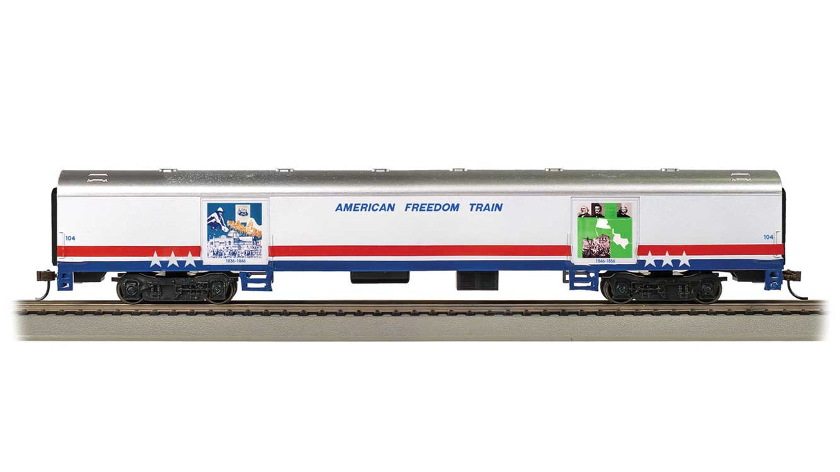 Bachmann HO 72' Exhibit (Converted Baggage) Car - Ready to Run -- American Freedom Train #104 (white, silver, red, blue)