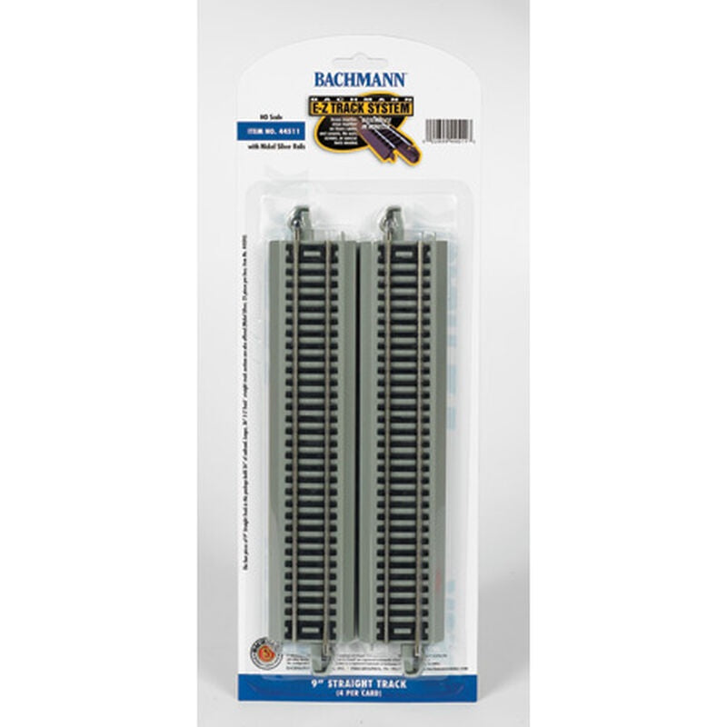 Bachmann Trains HO Straight Track w/Nickel Silver Rail & Gray Roadbed - E-Z Track(R) -- 9" 22.9cm pkg(4) - BAC44511