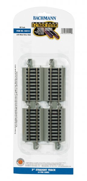 Bachmann Trains HO Straight Track w/Nickel Silver Rail & Gray Roadbed - E-Z Track(R) -- 3" 7.6cm pkg(4) - BAC44512