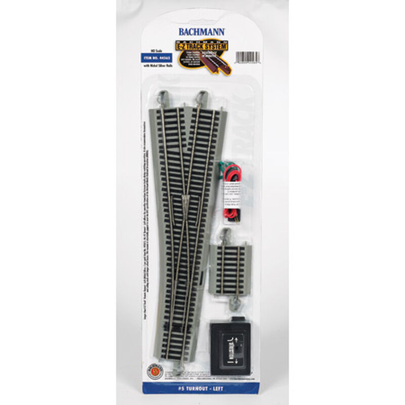 Bachmann Trains HO No. 5 Remote-Control Turnout, Nickel Silver Rail, Gray Roadbed - E-Z Track -- Left Hand - BAC44565