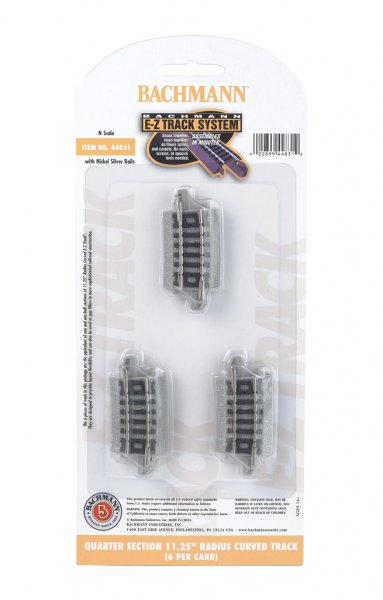 Bachmann Trains N Curved Track w/Nickel Silver Rail & Gray Roadbed - E-Z Track(R) -- 11-1/4" Radius Quarter Section pkg(6) - BAC44831