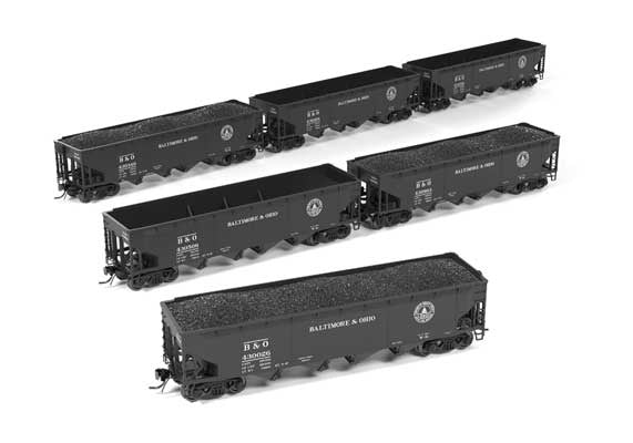 Broadway Limited HO ARA/AAR 70-Ton 4-Bay Hopper w/Load 6-Pack - Ready to Run -- Baltimore & Ohio Set A (Broadway Limited HO Class W2b, black, 13 Great States Logo)