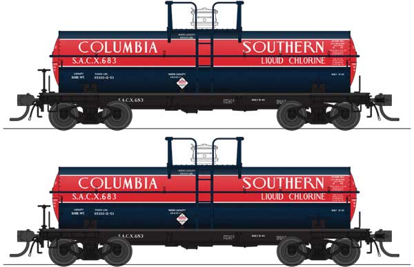 Broadway Limited HO 6000-Gallon Chlorine Tank Car 2-Pack - Ready to Run -- Columbia Southern SACX #631, 633 (dark blue, red, white)