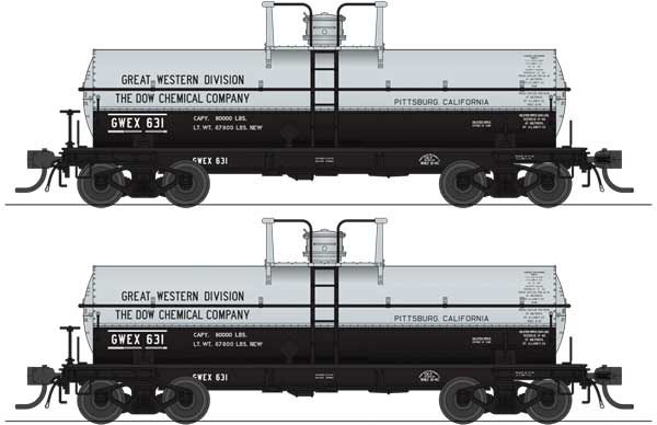 Broadway Limited HO 6000-Gallon Chlorine Tank Car 2-Pack - Ready to Run -- Dow Chemical GWEX #611, 612 (aluminum, black)