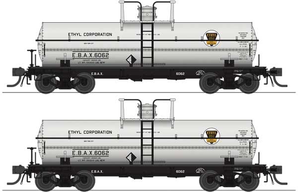 Broadway Limited HO 6000-Gallon Chlorine Tank Car 2-Pack - Ready to Run -- Ethyl Corporation EBAX #6066, 6067 (gray, black, yellow)