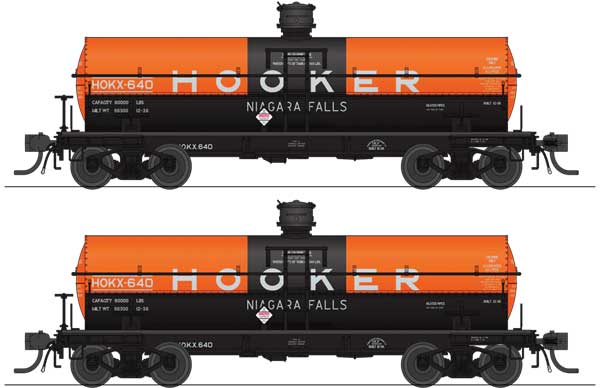 Broadway Limited HO 6000-Gallon Chlorine Tank Car 2-Pack - Ready to Run -- Hooker Chemical HOKX #696, 697 (orange, black)