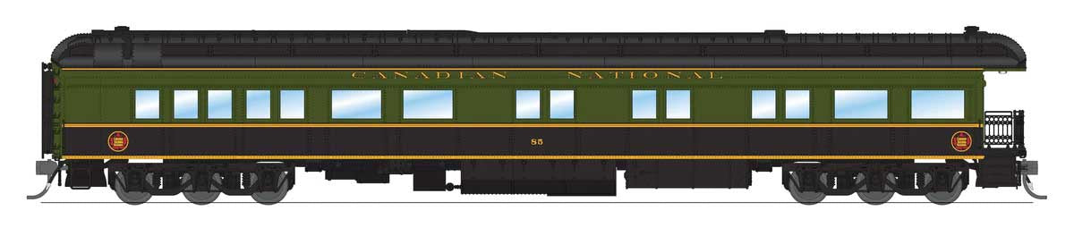Broadway Limited HO Heavyweight  5-Car Combine, 3 P70 Coach, Business Car Set - Ready to Run -- Canadian National (1950s Scheme; green, black, yellow)