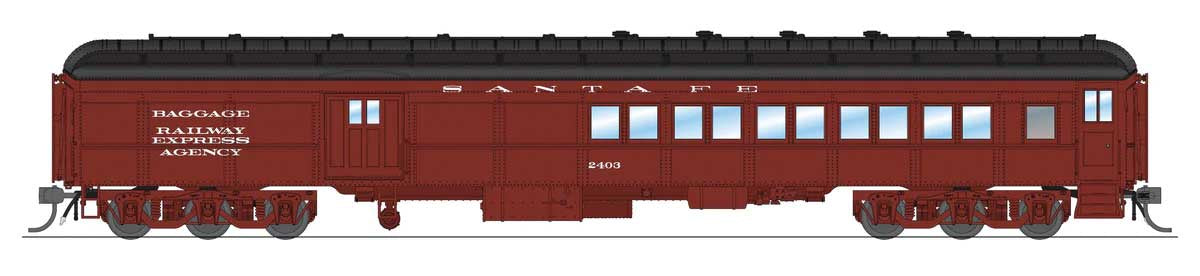 Broadway Limited HO Heavyweight Coach-Baggage-Combine - Ready to Run -- Santa Fe #2403 (mineral red, black, white)