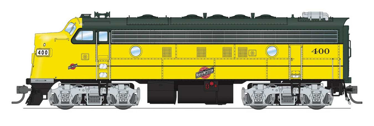 Broadway Limited 9699 HO EMD F7A - Standard DC - Stealth -- Chicago & North Western #403 (executive Scheme, yellow, green, silver)