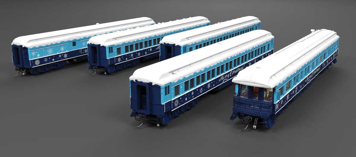 Broadway Limited HO Heavyweight 5-Car Combine, 3 P70 Coach, Business Car Set - Ready to Run -- Christmas (blue, white)