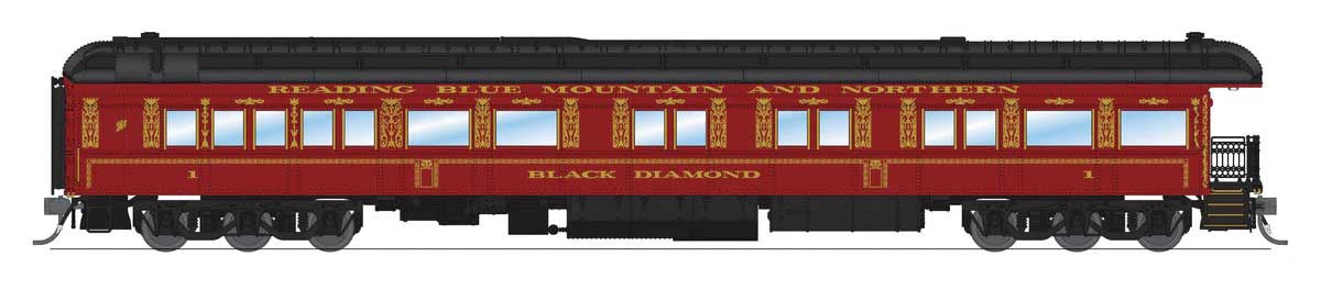 Broadway Limited HO Heavyweight Business Car Observation - Ready to Run -- Reading, Blue Mountain & Northern #1 Black Diamond (Tuscan, black)