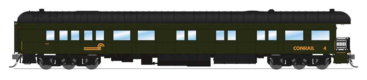 Broadway Limited HO Heavyweight Business Car Observation - Ready to Run -- Conrail #4 (Pullman Green, yellow, black)