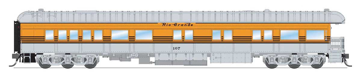 Broadway Limited HO Heavyweight Business Car Observation - Ready to Run -- Denver & Rio Grande Western #107 (4-Stripe, silver, Aspen Gold, black)