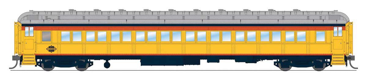 Broadway Limited HO 80' PRR P70 Coach - Ready to Run -- Chessie Steam Special (yellow, blue, vermillion, silver)