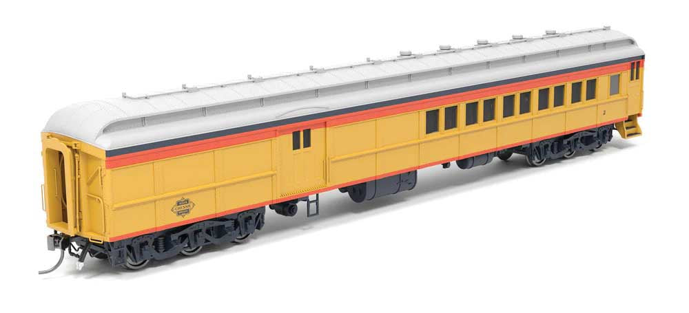 Broadway Limited HO Heavyweight Coach-Baggage-Combine - Ready to Run -- Chessie Steam Special #2 (yellow, blue, vermillion, silver)