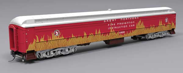 Broadway Limited HO Heavyweight Railroad Instruction - Exhibit Car - Ready to Run -- Great Northern #X1828 (Fire Prevention, red, orange flames, silver)