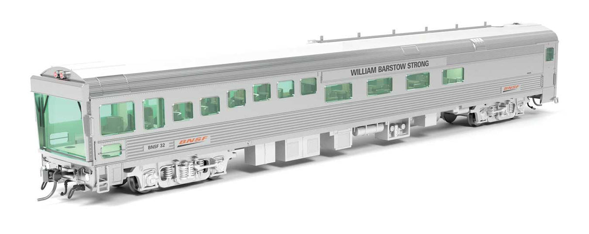 Broadway Limited HO Track Inspection Theater Car - Ready to Run -- BNSF Railway #32 William Barstow Strong (2008-2013, stainless, Wedge Logo)