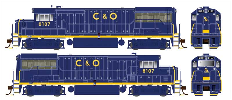 GE U25B Phase IIa - Standard DC -- Chesapeake & Ohio 8107 (blue, yellow, Merger Renumbering)