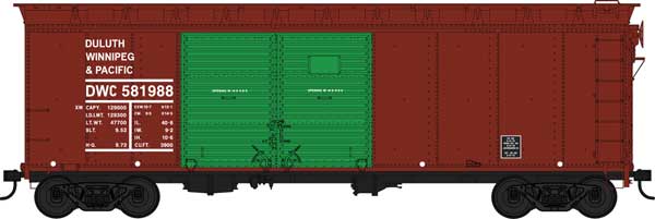 Bowser HO 40' Double-Door Steel Boxcar - Ready to Run -- Duluth, Winnipeg & Pacific 582223 (Boxcar Red, green Doors) - BOW42851