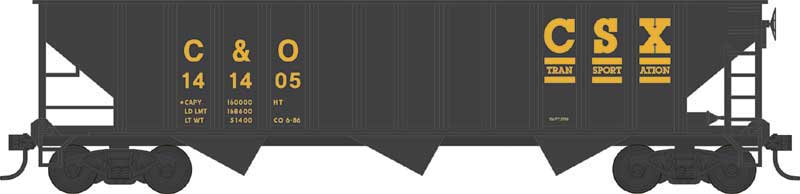 70-Ton 12-Panel 3-Bay Hopper - Ready to Run -- CSX C&O 141658 (black, yellow, Transportation Logo)