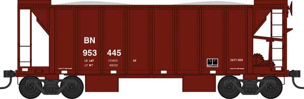Bowser HO 70-Ton 2-Bay Ballast Hopper with Side Chutes (Ballast Gates) - Ready to Run -- Burlington Northern #953445 (Boxcar Red, white)