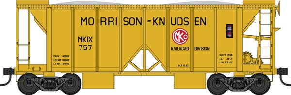 Bowser HO 70-Ton 2-Bay Ballast Hopper with Side Chutes (Ballast Gates) - Ready to Run -- Morrison Knudsen #757 (yellow)