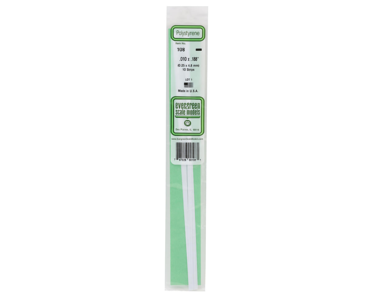 Evergreen Styrene Strip .010" Thick - 14" Long; pkg(10) -- x .188"