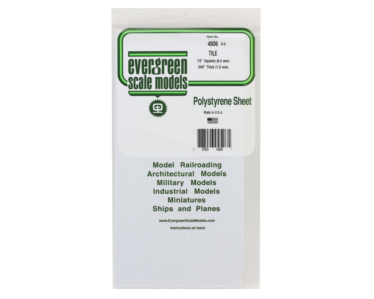 Evergreen Styrene Square Tile - .040 x 6 x 12"  .1 x 15.2 x 30.5cm -- 1/3"  .85cm Square