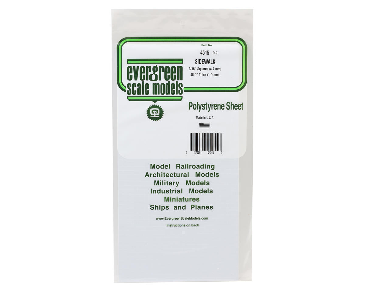 Evergreen Styrene Sidewalk Sheet - .040 x 6 x 12"  .1 x 15.2 x 30.5cm -- 3/16"  .5cm Squares