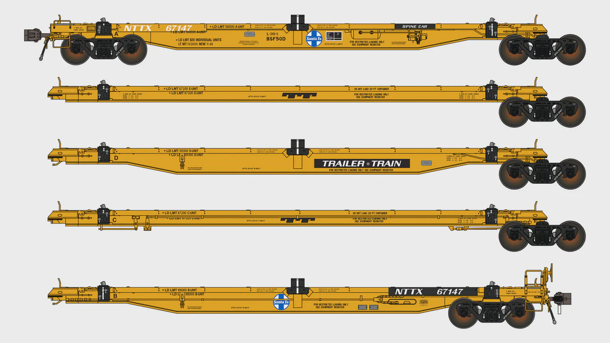 Class One Model Works HO NTTX BSF50D COFC Spine Car - 5 Unit - As-Delivered TrailerTrain - ATSF Logo NTTX 67147