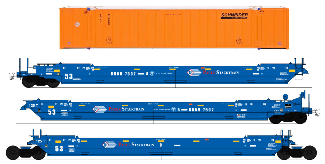 Intermountain HO Maxi IV Stack 3-Car Set w/6 53' Containers- Ready to Run -- Pacer (blue, white, red, Schneider Containers)