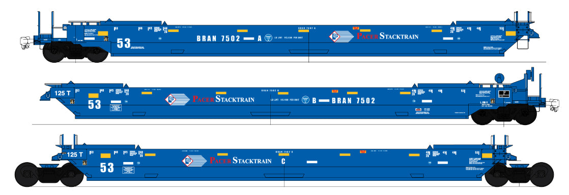 Intermountain HO Maxi IV Intermodal Well Car 3-Unit Set Late Version - Ready to Run -- Pacer Stacktrain (blue)